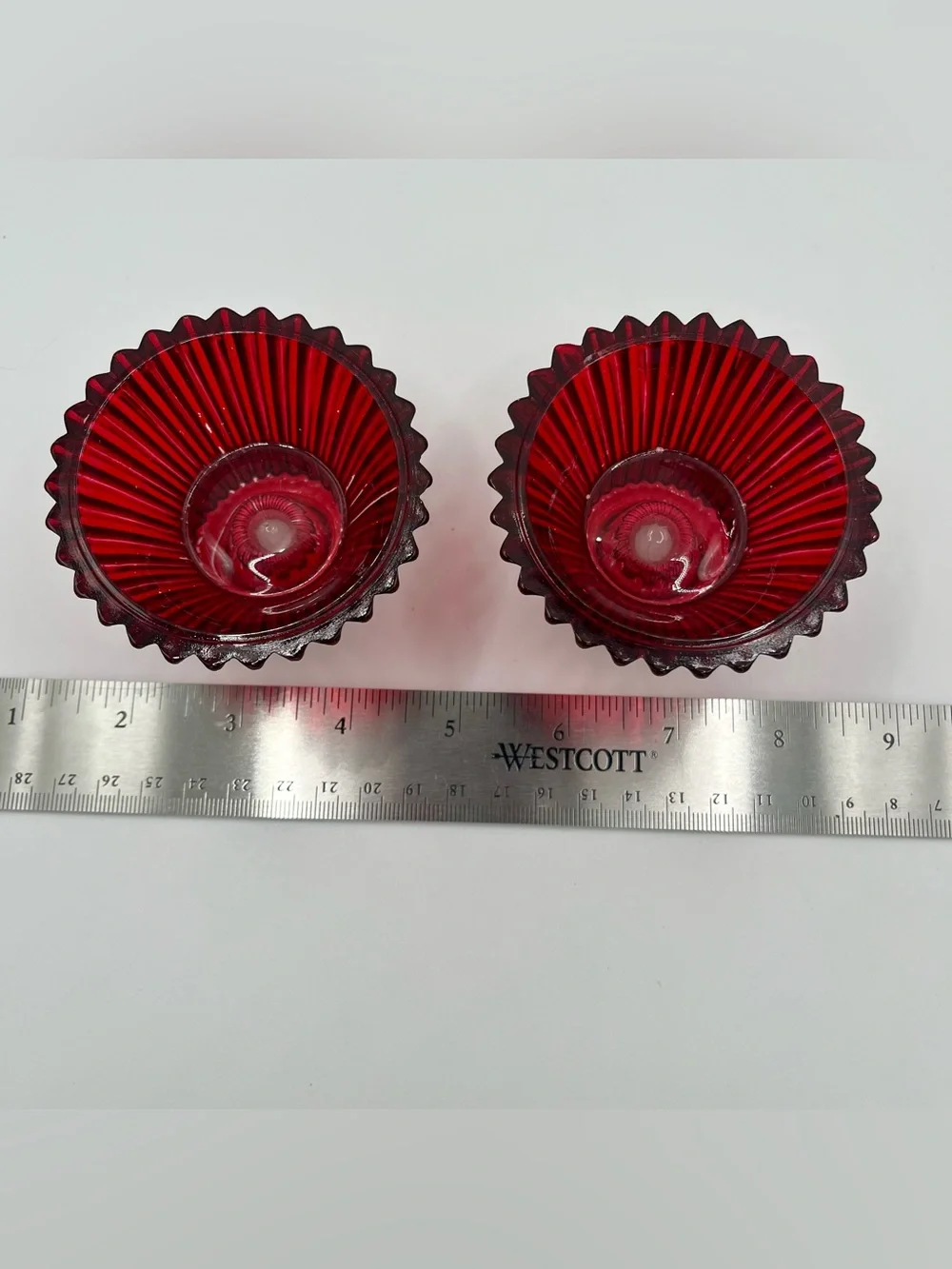 Vintage Red Glass Ribbed Taper Candle Holders - Set of 2